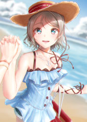 Rule 34 | 1girl, :d, anchor necklace, arm ribbon, bag, beach, black ribbon, blue eyes, blue shirt, blurry, blurry background, blurry foreground, blush, bracelet, breasts, cleavage, cloud, collarbone, day, hair between eyes, hat, highres, holding hands, interlocked fingers, jewelry, looking at viewer, love live!, love live! sunshine!!, medium breasts, necklace, ocean, open mouth, outdoors, pov, pov hands, ribbon, shirt, short hair, short shorts, shorts, silver hair, sleeveless, sleeveless shirt, smile, solo focus, standing, straw hat, striped clothes, striped shirt, sun hat, toine, vertical-striped clothes, vertical-striped shirt, watanabe you