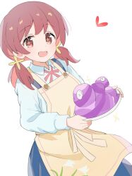 Rule 34 | + +, 1girl, :d, apron, bad food, black skirt, brown eyes, colored inner hair, commentary, hair ornament, heart, highres, holding, holding plate, long sleeves, looking at viewer, low twintails, multicolored hair, murosaki miyo, neck ribbon, onii-chan wa oshimai!, open mouth, pink hair, plate, red hair, red ribbon, ribbon, school uniform, simple background, skirt, smile, solo, suspender skirt, suspenders, tetesudeesu, twintails, two-tone hair, white background, wing collar, yellow apron