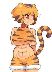 Rule 34 | 1girl, abs, animal ears, artist request, blush, cat ears, cat tail, red eyes, simple background, solo, tail, tiger ears, tiger tail