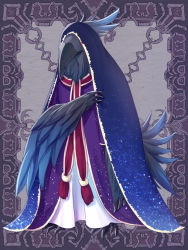Rule 34 | 1other, barefoot, bird, blue cloak, cloak, commentary request, crow, full body, furry, kerberos blade, looking at viewer, natsuya (kuttuki), purple background, purple robe, red eyes, robe, solo, starry sky print, white robe