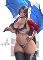 Rule 34 | 2girls, breasts, bursting breasts, chibi, chibi inset, cleavage, curvy, eu03, fate/grand order, fate (series), hand on own hip, huge breasts, long hair, looking at viewer, minamoto no raikou (fate), multiple girls, navel, open mouth, purple eyes, purple hair, race queen, shiny skin, shuten douji (fate), smile, solo, standing, thick thighs, thighhighs, thighs, umbrella, very long hair, wide hips