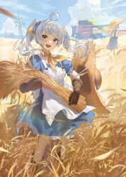 Rule 34 | 1girl, :d, ahoge, apron, blue dress, brown gloves, cloud, day, dress, farm, field, gloves, hat, unworn hat, unworn headwear, highres, house, looking at viewer, neck ribbon, open mouth, original, outdoors, ribbon, scarecrow, sky, smile, solo, standing, straw hat, tractor, ttk (kirinottk), twintails, wheat, wheat field, white apron, white hair, windmill, yellow eyes, yellow ribbon