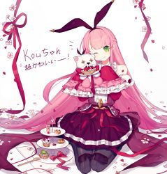 Rule 34 | 1girl, ;), arcaea, blunt bangs, boots, bow, bowtie, cake stand, cot (co2cotton), dress, flower, food, frilled dress, frilled sleeves, frills, green eyes, half updo, highres, kou (arcaea), long hair, one eye closed, pastry, pink hair, ribbon, seiza, sitting, sleeves past fingers, sleeves past wrists, smile, solo, stuffed animal, stuffed toy, tart (food), teddy bear, text background, thigh boots, thighhighs