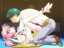 Rule 34 | 1boy, 1girl, animated, animated gif, belt, blush, bouncing breasts, breasts, clothed sex, covering privates, closed eyes, flapper shirt, flat chest, game cg, glasses, gloves, green hair, hair ribbon, hetero, i-doll, k-inaba, legs, nipples, pink hair, ponytail, ribbon, sex, shione ai, shirt, skirt, small breasts