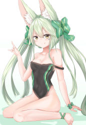 Rule 34 | 1girl, :q, absurdres, alternate costume, animal ear fluff, animal ears, art556 (girls&#039; frontline), blush, bow, breasts, brown eyes, cleavage, collarbone, eyes visible through hair, facepaint, fox ears, girls&#039; frontline, gradient background, green bow, green hair, hair between eyes, hair bow, hand up, highres, leg ribbon, long hair, looking at viewer, medium breasts, navel, off shoulder, one-piece swimsuit, ribbon, ru zhai, sidelocks, simple background, sitting, smile, solo, swimsuit, thighs, tongue, tongue out, twintails, very long hair, wariza, wrist bow