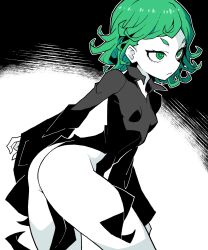 Rule 34 | 1girl, akableak, ass, black background, black dress, breasts, closed mouth, curly hair, dress, from side, green eyes, green hair, highres, leaning forward, long sleeves, one-punch man, small breasts, solo, tatsumaki, white background