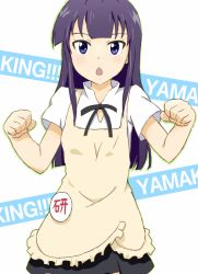 Rule 34 | 1girl, apron, chestnut mouth, long hair, purple eyes, purple hair, simple background, solo, striped, striped background, sync (id 12519877), waitress, working!!, yamada aoi