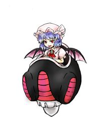 Rule 34 | 1girl, blue hair, brooch, dragon ball, dragonball z, dress, floating, frieza, garara, hat, jewelry, neck ribbon, open mouth, parody, pink dress, red eyes, remilia scarlet, ribbon, short hair, shueisha, simple background, solo, touhou, vehicle, white background