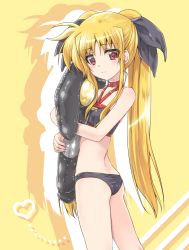 Rule 34 | 1girl, absurdres, ass, back, bardiche (nanoha), bikini, black bikini, black ribbon, choker, closed mouth, commentary, fate testarossa, from side, hair ribbon, heart, highres, holding, holding toy, inflatable toy, jewelry, kuroi mimei, long hair, looking at viewer, looking back, lyrical nanoha, mahou shoujo lyrical nanoha, necklace, red choker, red eyes, ribbon, shadow, silhouette, smile, solo, standing, strapless, strapless bikini, swimsuit, toy, twintails, yellow background