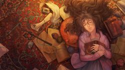 Rule 34 | 1girl, animal ears, book, brown hair, cat, cat ears, closed eyes, crookshanks, harry potter (series), hermione granger, highres, inkwell, messy hair, pink sweater, quill, scroll, sleeping, solo, sweater, viki-vaki, wand, wizarding world
