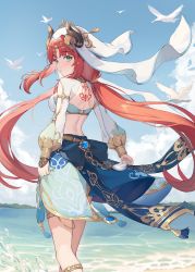 Rule 34 | 1girl, absurdres, aqua eyes, back, back tattoo, bird, blue skirt, blue sky, breasts, circlet, cloud, crop top, day, feet out of frame, genshin impact, harem outfit, highres, hokori sakuni, horns, long hair, long sleeves, looking at viewer, looking back, low twintails, median furrow, medium breasts, nilou (genshin impact), ocean, outdoors, parted bangs, parted lips, puffy long sleeves, puffy sleeves, red hair, skirt, sky, solo, standing, tattoo, thighlet, twintails, veil, very long hair, vision (genshin impact), water