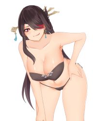 Rule 34 | 1girl, :p, absurdres, bandeau, beidou (genshin impact), bent over, bikini, black bra, black panties, bra, breasts, brown hair, cameltoe, cleavage, earrings, enz.z, eyepatch, genshin impact, hair ornament, hand on own hip, heart, heart-shaped pupils, highres, it, jewelry, large breasts, long hair, looking at viewer, navel, panties, red eyes, solo, strapless, strapless bikini, strapless bra, symbol-shaped pupils, tongue, tongue out, underwear