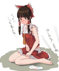 Rule 34 | 1girl, ascot, barefoot, bloomers, blush, bow, brown eyes, brown hair, clothes pull, embarrassed, hand fan, full-face blush, hair bow, hair ornament, hair ribbon, hair tubes, hakurei reimu, japanese clothes, kitano (kitanosnowwhite), looking at viewer, miko, open clothes, open skirt, paper fan, ponytail, ribbon, shirt, shirt pull, simple background, sitting, skirt, sleeveless, solo, text focus, touhou, translation request, uchiwa, underwear