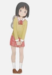 Rule 34 | 1girl, ajiitou, black eyes, black hair, bob cut, bow, bowtie, brown footwear, brown socks, cardigan, collar, full body, highres, light blush, loafers, long sleeves, looking at viewer, nichijou, own hands together, pigeon-toed, plaid, plaid skirt, red bow, red bowtie, red skirt, school uniform, shinonome nano, shoes, short hair, skirt, smile, socks, solo, standing, tokisadame school uniform, v arms, white background, white collar, white socks, winding key, yellow cardigan