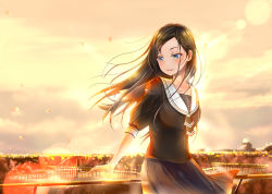 Rule 34 | 1girl, black hair, black neckwear, black serafuku, black shirt, black skirt, blue eyes, blush, closed mouth, cloud, commentary request, floating hair, keepout, long hair, looking away, looking to the side, original, outdoors, petals, pleated skirt, puffy short sleeves, puffy sleeves, railing, sailor collar, school uniform, serafuku, shirt, short sleeves, sitting, skirt, sky, solo, sunset, very long hair, white sailor collar