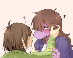 Rule 34 | 1girl, 1other, ahoge, antenna hair, blush, brown hair, closed mouth, colored skin, commentary request, deltarune, furry, furry female, furry with non-furry, green sweater, hair over eyes, hair over one eye, hand on another&#039;s cheek, hand on another&#039;s face, heart, interspecies, jacket, komugiko (bitte komu), kris (deltarune), long hair, long sleeves, looking at viewer, open clothes, open jacket, profile, purple eyes, purple jacket, purple skin, reptile girl, shirt, short hair, smile, squiggle, striped clothes, striped sweater, susie (deltarune), sweatdrop, sweater, two-tone sweater, upper body, white shirt, yellow sweater