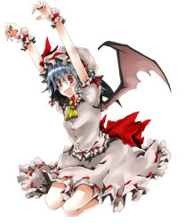 Rule 34 | 1girl, arms up, ascot, bat wings, blue hair, dress, fang, female focus, fingernails, full body, hat, koge-owl, open mouth, outstretched arms, red eyes, remilia scarlet, short hair, simple background, solo, touhou, white background, wings, wrist cuffs