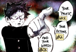 Rule 34 | 1boy, black hair, black jacket, commentary, derivative work, english commentary, english text, gakuran, highres, jacket, kageyama shigeo, long sleeves, male focus, comic panel redraw, meme, mob psycho 100, open mouth, pencilhattopy, pointing, school uniform, short hair, solo, speech bubble, sweat, upper body