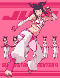 Rule 34 | 1girl, abs, baggy pants, bare shoulders, barefoot, belt, black hair, bracelet, breasts, capcom, chinese clothes, crop top, detached sleeves, drill hair, dudou, elbow gloves, female focus, fingerless gloves, full body, g-room honten, gloves, grin, halterneck, han juri, jewelry, linea alba, looking at viewer, medium breasts, midriff, muscular, muscular female, navel, pants, pink eyes, pointy hair, short hair, short twintails, small breasts, smile, solo, spiked bracelet, spikes, spread toes, street fighter, street fighter iv (series), toeless legwear, toes, toned, twin drills, twintails