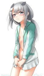 Rule 34 | 1girl, cowboy shot, fake horns, flat chest, grey eyes, grey hair, hood, hoodie, horned headwear, horns, i-201 (kancolle), jacket, kantai collection, long hair, mole, mole on stomach, multicolored clothes, multicolored jacket, naked hoodie, naked jacket, navel, no panties, official alternate costume, one-hour drawing challenge, open clothes, open jacket, ray.s, simple background, skirt, solo, two-tone jacket, white background, white skirt
