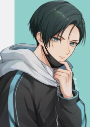 Rule 34 | 1boy, alternate costume, black mask, blue lock, closed mouth, commentary request, facedesk, green eyes, green hair, highres, hood, hood down, hooded jacket, itoshi rin, jacket, long sleeves, looking at viewer, male focus, mask, unworn mask, moco (1553561764583079936), parted hair, short hair, solo, twitter username, two-tone background, upper body, zipper