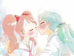 Rule 34 | 1boy, 1girl, against wall, aji fry, blouse, blue hair, blush, brown hair, closed eyes, collarbone, collared shirt, couple, facing another, food-themed hair ornament, hair ornament, hand on wall, hetero, highres, ichigozaka middle school uniform, imminent kiss, julio (precure), kabedon, kirakira precure a la mode, leaf hair ornament, neckerchief, open mouth, parted lips, pikario (precure), pink neckerchief, pink stripes, ponytail, precure, sailor collar, school uniform, serafuku, shirt, strawberry hair ornament, summer uniform, sweatdrop, swept bangs, twintails, twitter username, upper body, usami ichika, white background, white sailor collar, white shirt