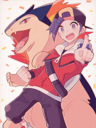 1boy :d backwards_hat bag baseball_cap black_hair black_hat black_pants blush blush_stickers clenched_hand commentary_request creatures_(company) ethan_(pokemon) fangs foot_out_of_frame game_freak gen_2_pokemon grey_eyes hat highres index_finger_raised jacket kinu_(kinuhoshizora21) looking_at_viewer male_focus nintendo open_mouth outstretched_arm pants pointing pointing_at_viewer pokemon pokemon_(creature) pokemon_hgss red_eyes red_jacket shoes short_hair smile teeth typhlosion upper_teeth_only white_bag white_footwear zipper_pull_tab
