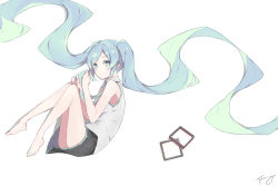Rule 34 | 1girl, aqua necktie, barefoot, black skirt, closed mouth, collared shirt, detached sleeves, fhang, from side, full body, green eyes, green hair, grey shirt, hair ornament, hatsune miku, long hair, looking at viewer, lying, matching hair/eyes, nail polish, necktie, on side, pleated skirt, shirt, skirt, sleeveless, sleeveless shirt, smile, solo, toenail polish, toenails, twintails, unworn hair ornament, very long hair, vocaloid, white background, wing collar