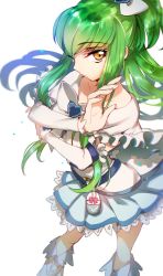 Rule 34 | 1girl, c.c., code geass, cosplay, creayus, cure white, cure white (cosplay), detached sleeves, futari wa precure, green hair, long hair, looking at viewer, precure, voice actor connection, simple background, solo, white background, yellow eyes, yukana