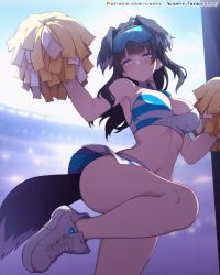 Rule 34 | 1girl, animal ears, animated, animated gif, armpits, black hair, blue archive, blush, breasts, crop top, dog ears, dog tail, goggles, goggles on head, hibiki (blue archive), hibiki (cheer squad) (blue archive), holding, holding pom poms, large breasts, millennium cheerleader outfit (blue archive), pom pom (cheerleading), pom poms, shoes, skirt, solo, standing, standing on one leg, tagme, tail, waero, white skirt