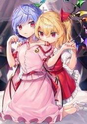 Rule 34 | 2girls, ankle socks, arms up, bat wings, biting, blonde hair, blood, blood on clothes, blood sucking, blue hair, blurry, blurry background, brooch, collarbone, commentary request, cross, curtains, depth of field, fang, fang out, fingernails, flandre scarlet, gunjou row, hair ribbon, hand on another&#039;s shoulder, highres, holding hands, incest, jewelry, kneeling, looking at viewer, looking down, multiple girls, nail polish, no headwear, off-shoulder shirt, off shoulder, on bed, one side up, parted lips, partial commentary, pink shirt, pink skirt, pink wings, pointy ears, puffy short sleeves, puffy sleeves, red eyes, red nails, red skirt, red vest, remilia scarlet, ribbon, sash, sharp fingernails, shirt, short hair, short sleeves, siblings, sisters, skirt, slit pupils, socks, sweatdrop, touhou, twitter username, vampire, vest, white legwear, white shirt, window, wings