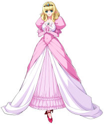 Rule 34 | 1girl, a line gown, blonde hair, blue eyes, brooch, curly hair, dress, elbow gloves, elf, frilled dress, frills, full body, gloves, gown, high heels, himekishi olivia, jewelry, laura elfinrine, long hair, official art, pink dress, pointy ears, puffy sleeves, ribbon, shoes, shoulder pads, smile, solo, tiara, white background