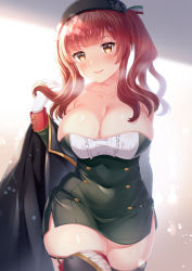 Rule 34 | 1girl, azur lane, bare shoulders, beret, black cloak, black hat, black thighhighs, breasts, buttons, cleavage, cloak, covered navel, detached sleeves, double-breasted, dress, gloves, green dress, hat, highres, italian flag, large breasts, long hair, looking at viewer, red hair, shizuki aya, short dress, skindentation, solo, strapless, strapless dress, taut clothes, taut dress, thighhighs, twintails, white gloves, yellow eyes, zara (azur lane), zettai ryouiki