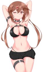 1girl absurdres alternate_costume armpits arms_behind_head arms_up bikini bikini_skirt black_skirt breasts brown_eyes brown_hair hair_between_eyes hair_ornament hairclip highres itsuya_(hmizugucti) kantai_collection large_breasts long_hair low_twintails o-ring o-ring_bikini one_eye_closed simple_background skirt smile solo swimsuit tashkent_(kancolle) thigh_strap twintails very_long_hair white_background