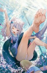 Rule 34 | 1girl, animal ears, ass, barefoot, blue eyes, blue hair, blue nails, blue shirt, blue skirt, breasts, cat ears, cube hair ornament, fins, fish tail, gawr gura, gawr gura (casual), grey hair, hair ornament, highres, holding trident, hololive, hololive english, looking at viewer, medium hair, multicolored hair, nail polish, official alternate costume, one eye closed, one side up, open mouth, panties, shark girl, shark tail, sharp teeth, shirt, skirt, small breasts, streaked hair, tail, teeth, tennozoku, toenail polish, toenails, underwear, upper teeth only, virtual youtuber, water, white panties