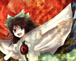 Rule 34 | 1girl, bad id, bad pixiv id, black wings, bow, brown eyes, brown hair, female focus, frills, hair bow, long hair, mari audio, open mouth, outstretched arms, reiuji utsuho, shirt, short sleeves, skirt, smile, solo, spread arms, touhou, wings