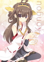 Rule 34 | 10s, 1girl, ahoge, bare shoulders, blush, brown hair, cup, detached sleeves, hairband, headgear, japanese clothes, kantai collection, kongou (kancolle), long hair, looking at viewer, massala, personification, ribbon-trimmed sleeves, ribbon trim, saucer, skirt, smile, solo, teacup, thighhighs, wide sleeves