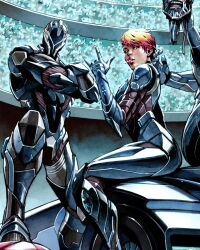Rule 34 | 1boy, 1girl, armor, assault visor, cable, car, copyright name, cover, cover image, crossed arms, heavy metal (magazine), hector trunnec, highres, holding head, looking at viewer, m/, magazine cover, motor vehicle, official art, open hand, orange hair, power armor, ramgod, red eyes, red lips, science fiction, severed head, short hair, sitting