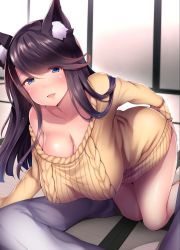 Rule 34 | 1boy, 1girl, :d, alternate costume, animal ears, aran sweater, azur lane, black hair, blue eyes, blush, breasts, cable knit, cat ears, cleavage, collarbone, commentary request, eyes visible through hair, fusou (azur lane), fusou (perfect partner?) (azur lane), hanging breasts, highres, huge breasts, indoors, leaning forward, long hair, long sleeves, looking at viewer, naked sweater, nose blush, oohira sunset, open mouth, pov, ribbed sweater, smile, solo focus, sweater, swept bangs, tatami