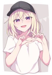 Rule 34 | 1girl, :d, bang dream!, bang dream! it&#039;s mygo!!!!!, baseball cap, black hat, blonde hair, blush, breasts, collarbone, cropped torso, e20, grey background, hair between eyes, hands up, hat, highres, looking at viewer, misumi uika, open mouth, pennant, purple eyes, shirt, short sleeves, small breasts, smile, solo, string of flags, teeth, two-tone background, upper body, upper teeth only, white background, white shirt