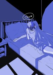 Rule 34 | 10s, 2girls, bed, bed sheet, bedroom, blanket, bochicemetery, camisole, drawer, heart, indoors, kantai collection, kiss, long hair, lying, monochrome, moonlight, multiple girls, mutsu (kancolle), nagato (kancolle), night, on back, on bed, pillow, short hair, sleeping, speech bubble, thighs, yuri
