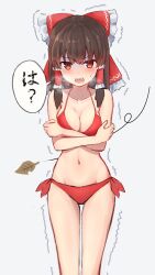 Rule 34 | 1girl, absurdres, bikini, blush, bow, breasts, cleavage, cold, crossed arms, feet out of frame, forneus 0, grey background, groin, hair bow, hair tubes, hakurei reimu, highres, large breasts, leaf, looking at viewer, medium hair, navel, open mouth, red bikini, red bow, red eyes, sidelocks, simple background, solo, speech bubble, standing, sweatdrop, swimsuit, touhou, translation request, trembling, wind