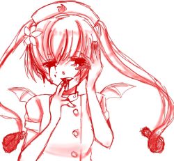 Rule 34 | 1girl, blood, bloody tears, demon wings, ebola-chan, finger in own mouth, flat chest, flower, hair flower, hair ornament, hand on own face, hat, highres, long hair, mini wings, monochrome, nurse, nurse cap, personification, riria62, solo, twintails, wings