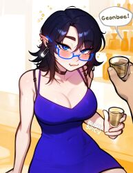 Rule 34 | 1girl, artist name, bare arms, bare shoulders, black choker, black hair, blue-framed eyewear, blue dress, blush, blushyspicy, breasts, choker, cleavage, closed mouth, dress, earrings, fang, glass, glasses, highres, jewelry, large breasts, looking at viewer, mole, mole under eye, office workers (blushyspicy), pointy ears, semi-rimless eyewear, solo focus, vampire, vivian seong (blushyspicy)
