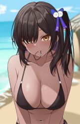 Rule 34 | 1girl, absurdres, bare arms, bare shoulders, bikini, black bikini, black hair, blurry, bow, breasts, brown eyes, cleavage, collarbone, costone, dark-skinned female, dark skin, day, depth of field, goddess of victory: nikke, hair bow, hair over one eye, hair tie in mouth, halterneck, highres, large breasts, long hair, looking at viewer, mole, mole under mouth, mouth hold, naga (nikke), navel, one side up, outdoors, parted lips, side-tie bikini bottom, solo, stomach, string bikini, swimsuit, upper body