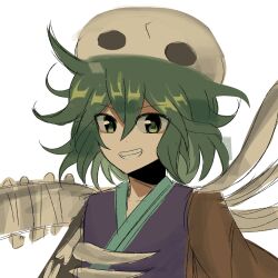Rule 34 | 1other, :d, androgynous, brown sleeves, fang, green eyes, green hair, grey headwear, grin, guhai2023, hair between eyes, japanese clothes, kimono, kitsugai sese, len&#039;en, messy hair, open mouth, other focus, purple kimono, short hair, simple background, single sleeve, skeletal arm, skull-shaped hat, smile, solo, upper body, white background
