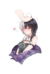 Rule 34 | 1girl, ^ ^, absurdres, arm strap, bare shoulders, black coat, black hair, blunt bangs, blush, chest belt, chest strap, choker, closed eyes, closed mouth, coat, disembodied limb, dress, hair between eyes, hand on another&#039;s head, headpat, heart, highres, hololive, hololive english, kurochanai, lace-trimmed choker, lace trim, long hair, multicolored hair, off-shoulder dress, off shoulder, open clothes, open coat, out of frame, shiori novella, shiori novella (1st costume), simple background, sleeveless, sleeveless dress, smile, solo, speech bubble, split-color hair, two-tone hair, virtual youtuber, white background, white hair