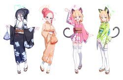 Rule 34 | 4girls, 525 woiwo, absurdres, alternate costume, animal ear headphones, animal ears, aris (blue archive), arm up, black hair, black headphones, black kimono, blonde hair, blue archive, blue eyes, bow, cat tail, closed mouth, fake animal ears, floral print kimono, forehead, full body, fur-trimmed kimono, fur trim, game development department (blue archive), green eyes, green halo, green kimono, grey eyes, hair between eyes, hair bow, hair bun, halo, headphones, highres, japanese clothes, kimono, long bangs, long hair between eyes, long sleeves, looking at viewer, midori (blue archive), momoi (blue archive), multiple girls, open mouth, orange kimono, pink halo, pink kimono, red eyes, red hair, sandals, short hair, siblings, simple background, single hair bun, sisters, smile, standing, tabi, tail, thighhighs, twins, white background, white bow, white thighhighs, wide sleeves, yellow halo, yuzu (blue archive), zouri