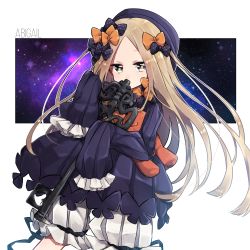 Rule 34 | 1girl, abigail williams (fate), absurdres, black bow, black dress, black hat, blonde hair, bloomers, blue eyes, bow, bug, butterfly, character name, commentary request, covered mouth, dress, fate/grand order, fate (series), forehead, hair bow, hat, highres, hugging object, insect, key, long hair, long sleeves, looking at viewer, orange bow, oversized object, parted bangs, polka dot, polka dot bow, sasakura (npdk7484), sleeves past fingers, sleeves past wrists, solo, space, stuffed animal, stuffed toy, teddy bear, underwear, very long hair, white background, white bloomers