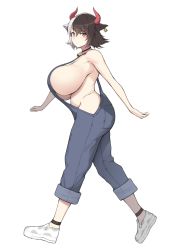 Rule 34 | 1girl, animal ears, bare shoulders, bell, breasts, cow ears, cow girl, cow horns, cowbell, diisuke, from side, full body, horns, huge breasts, looking at viewer, naked overalls, overalls, short hair, sideboob, solo, touhou, ushizaki urumi, walking, white background